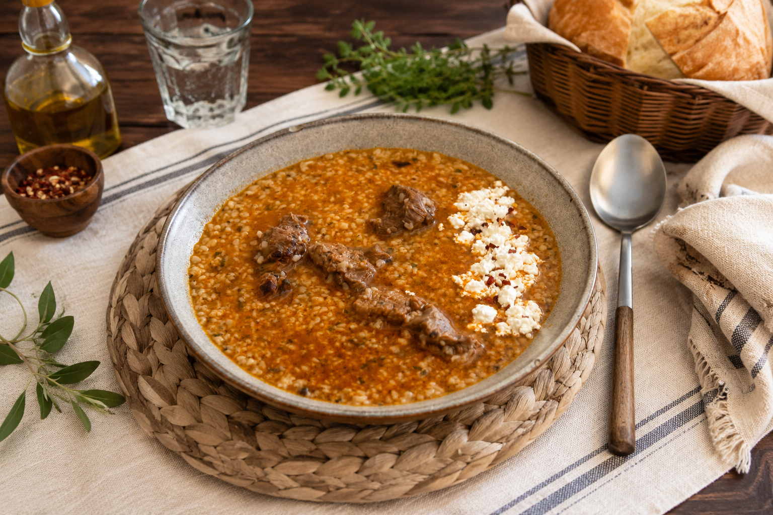 Πιάτο με γλυκό τραχανά, μοσχάρι και τριμμένη φέτα.